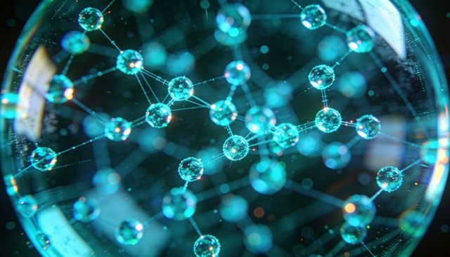 Glowing molecular network connecting teal nodes in 3d futuristic lattice