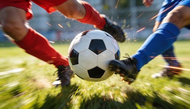 Contesting soccer ball with cleats clashing, grass spray and motion blur capturing speed