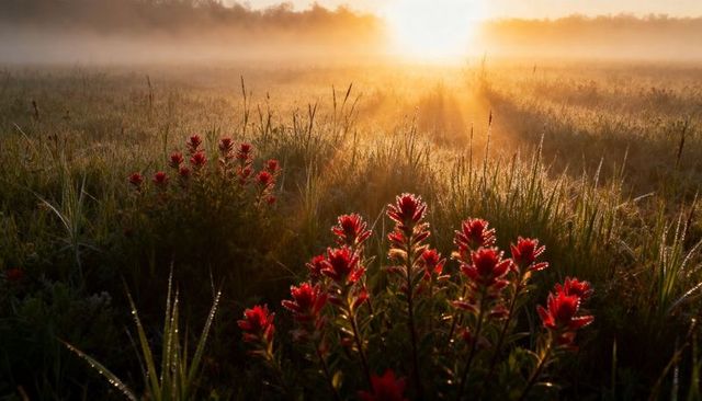 Sunrise meadow backlighting red wildflower clusters, dewy grassland and golden mist