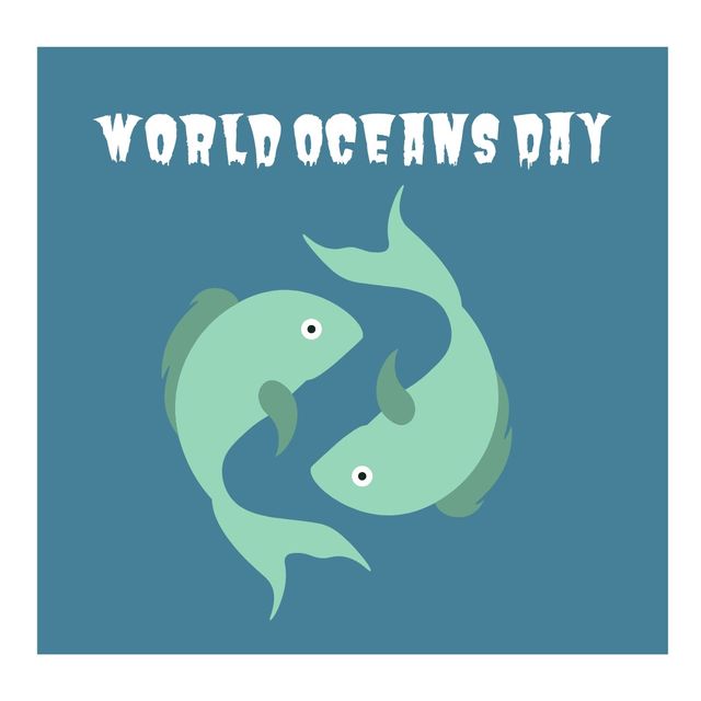 Digital composite image of world oceans day text with fish symbol over blue background. vector, creative, symbolism and awareness concept.
