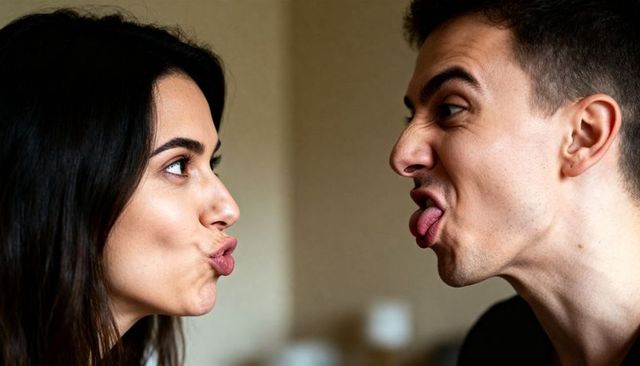 Playful couple making faces close-up: puckered kiss and tongue-out teasing portrait