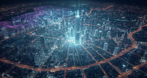 Futuristic Digital Cityscape with Illuminated Skyscraper and Data Visual FX