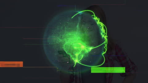 Animated Globe with Glitch Effect and Green Light Trails