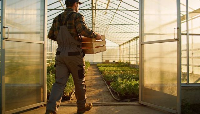 Greenhouse worker carrying wooden crate through sunlit glasshouse rows of seedlings