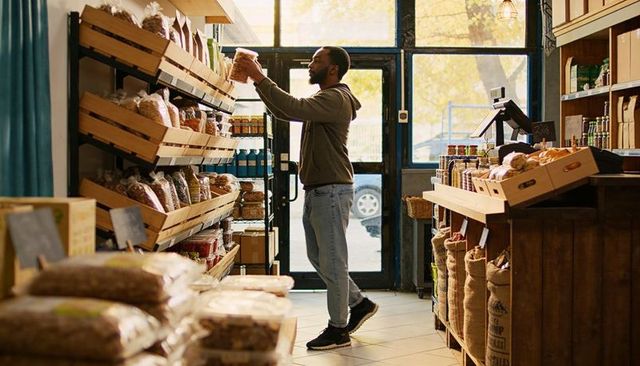 Retail worker restocking wooden shelves in rustic grocery with bulk jars and sacks