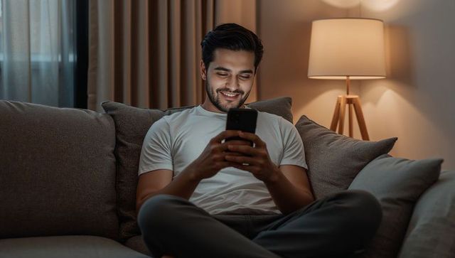 Smiling young man relaxing on couch at night using smartphone under warm cozy lamp light