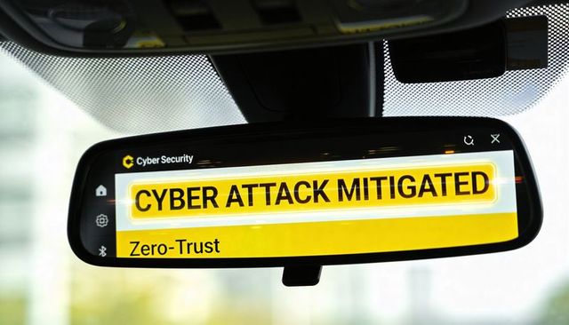 Rearview mirror display showing cyber attack mitigated alert on connected car dashboard