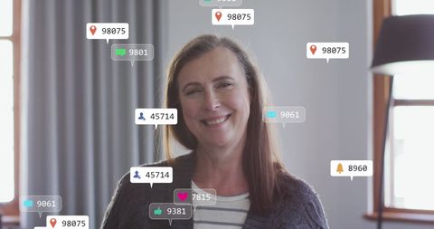 Woman with Virtual Social Media Holographic Interface at Home