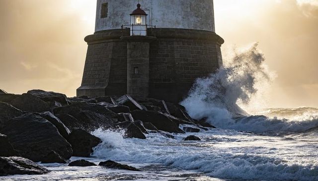 Storm waves crashing against lighthouse on rocky breakwater, backlit golden spray