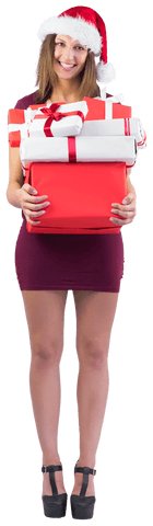 Cheerful woman in santa hat holding gifts transparent background