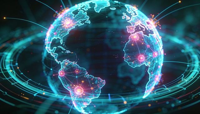 Rotating holographic world mesh with glowing network nodes and neon data streams