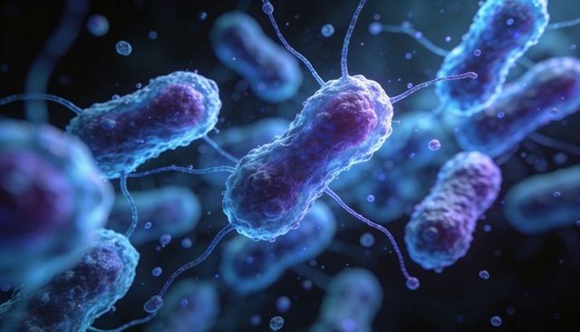 Fluorescent bacillus with flagella drifting in microscopic fluid 3d medical render