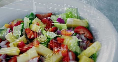 Fresh vegetable salad with augmented reality nutrition dashboard and futuristic data interface