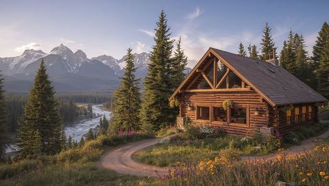Rustic Log Cabin Overlooking Alpine River and Wildflower Meadow at Golden Hour
