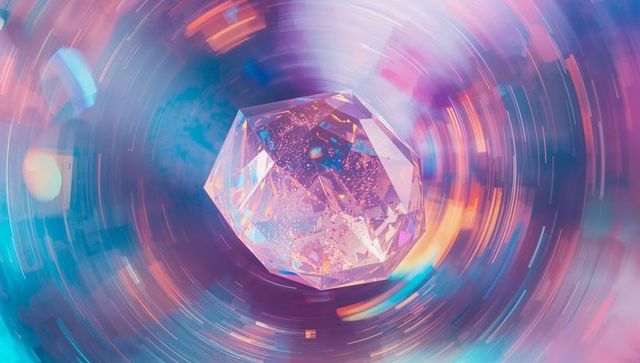 Shimmering faceted crystal in colorful vortex of light trails