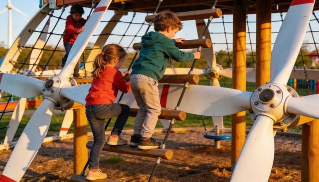 Kids climbing rope ladder on airplane-themed playground during golden hour fun
