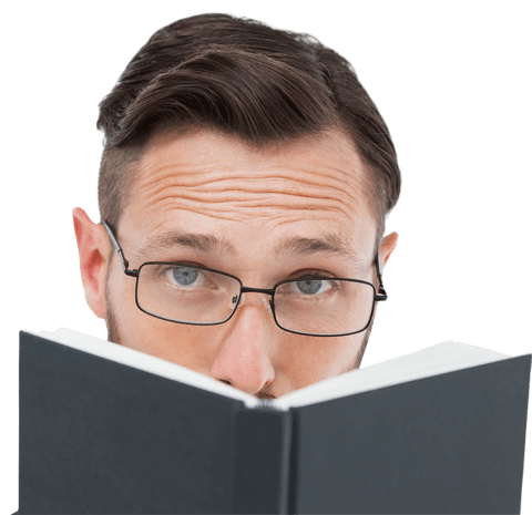 nerdy man with glasses peering over book on transparent background - Download Free Stock Videos Pikwizard.com