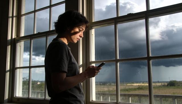 Sunlit woman holding smartphone by grid window, watching far thunderstorm and lightning