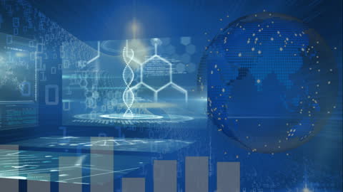 Futuristic Digital Globe with DNA Strand and Data Processing
