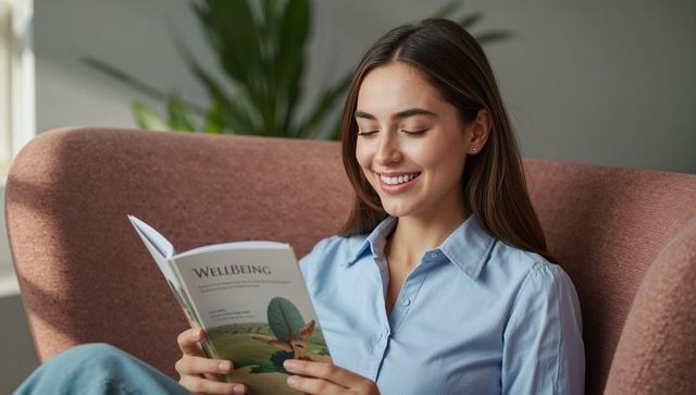 Young woman reading wellbeing book while smiling on cozy peach armchair at home
