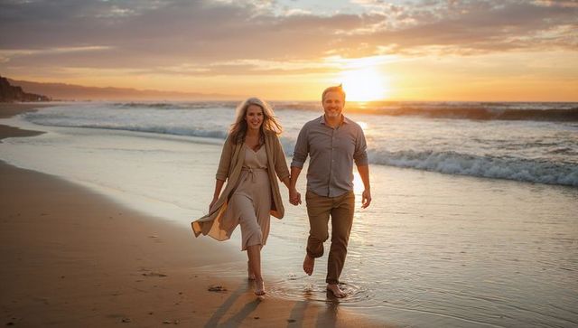 Middle-aged couple walking hand in hand on beach at golden hour sunset reflections