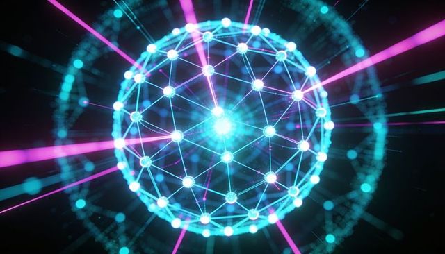 Glowing neon network sphere emitting cyan and magenta beams revealing luminous core