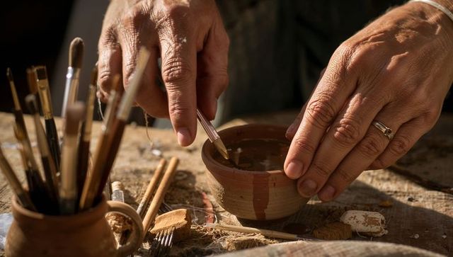 Stirring ceramic glaze in clay bowl with artisan hands and pottery brushes, closeup studio