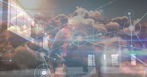 Maning push-ups surrounded by modern digital network and cloudscape