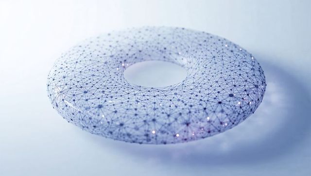 Hovering glass torus mesh network with glowing nodes, futuristic wireframe and ai concept