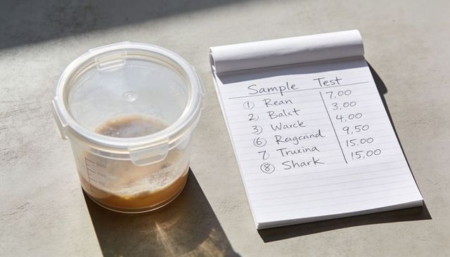 Clinical sample container with sediment beside handwritten sample test notepad under sunlight