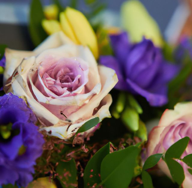 Close-up of a mixed flower bouquet featuring purple roses, yellow lilies, and lisianthus. Suitable for use in floral decoration promotions, nature-themed blogs, wedding invitations, and springtime greeting cards. Ideal for depicting elegance, romance, and natural beauty.