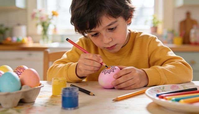 Child decorating pastel easter egg in sunlit kitchen showing concentration and creativity
