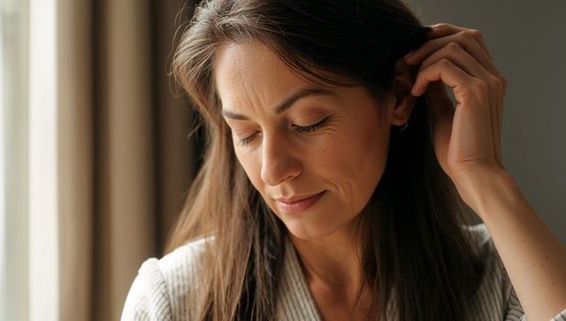 Serene woman touching brown hair and looking down by beige curtains in soft natural light
