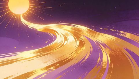 Golden sunbeam streaming across violet sky creating sweeping metallic light trails