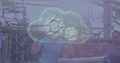 Women fitness team navigating obstacle course with digital gear overlay