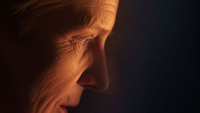 Elderly woman profile with warm sidelight highlighting detailed skin texture and emotion