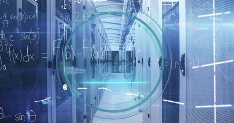 Futuristic Data Center Corridor with Advanced HUD Overlays