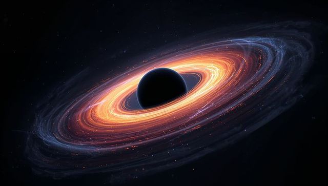 Spinning black hole with glowing accretion disk and swirling plasma trails in deep space
