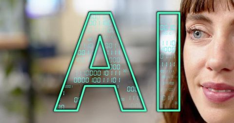 Mid-adult woman closeup with ai letters and binary code overlay in modern workspace