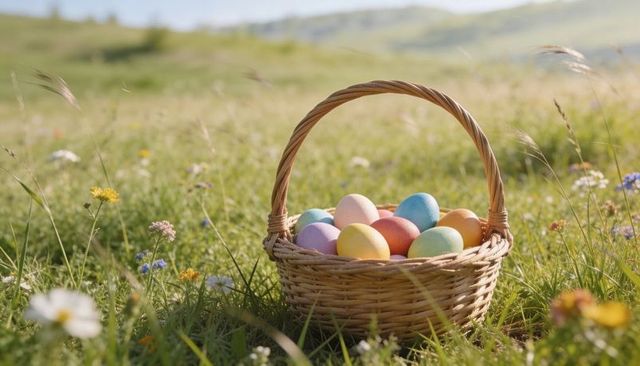 Wicker basket resting on sunlit meadow holding pastel easter eggs and wildflowers