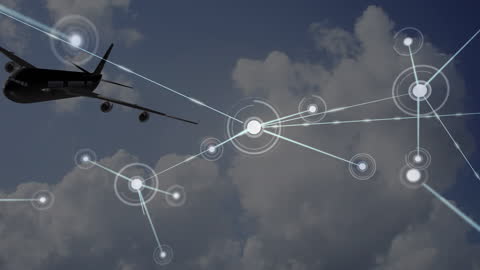 Plane Silhouette Against Digital Connectivity Network in Cloudy Sky