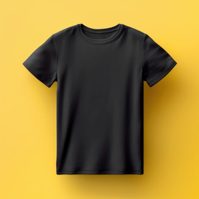 Black tshirt with copy space on yellow background, created using generative ai technology. Clothing, texture, material, digitally generated image.