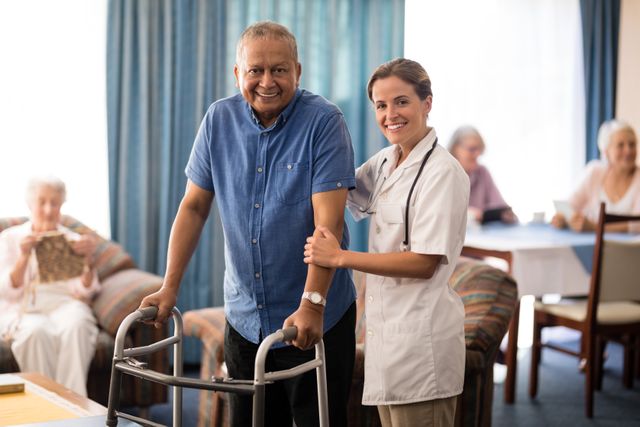 Nurse assisting senior man with walker in retirement home. Ideal for use in healthcare, elderly care, and retirement living promotions. Highlights caregiving, support, and medical assistance in senior living environments.