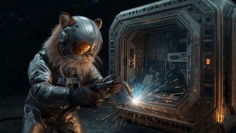 Orange cat astronaut welding orbital module seam under sparks, futuristic space repair