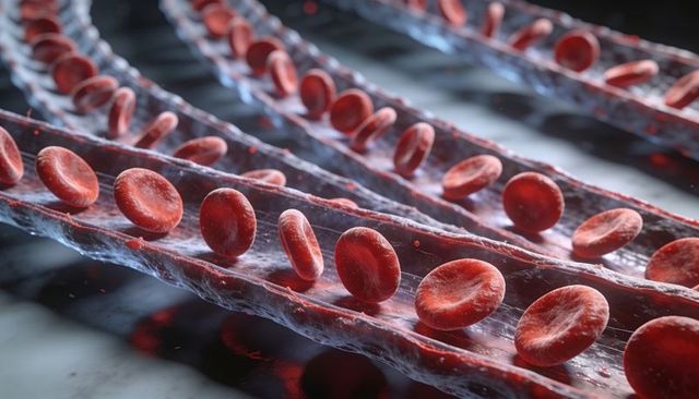 Red blood cells streaming through microchannels with translucent plasma and glossy detail