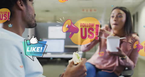 Animated Social Media Icons Over Office Lunch Break