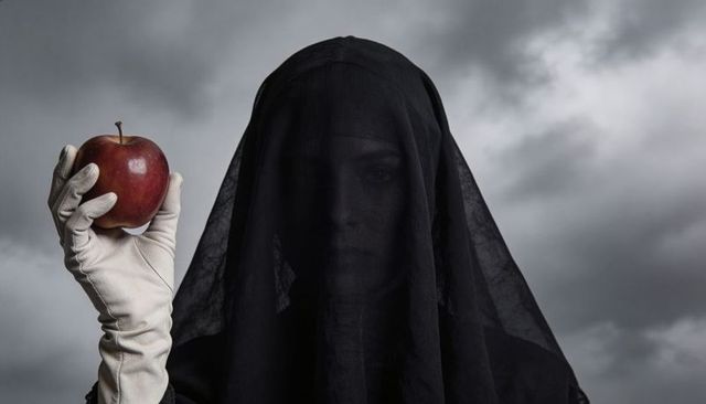 Veiled figure holding red apple under stormy sky, moody gothic symbolism and temptation