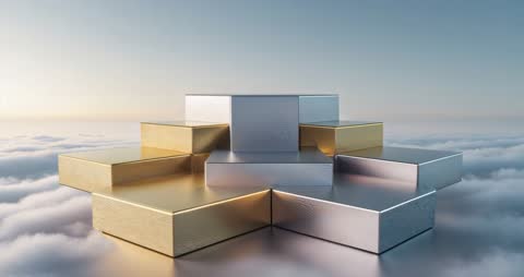 Floating Metallic Star-Shaped Structure at Dawn Over Clouds