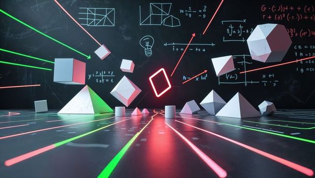 Geometric Solids Hovering Over Neon Floor with Chalkboard Formulas