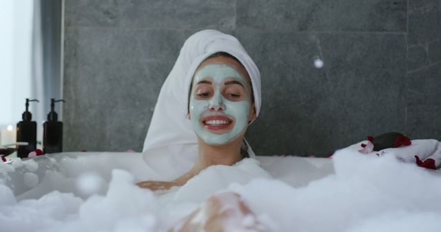 Relaxing Woman Enjoying Bubble Bath at Spa - Download Free Stock Images Pikwizard.com